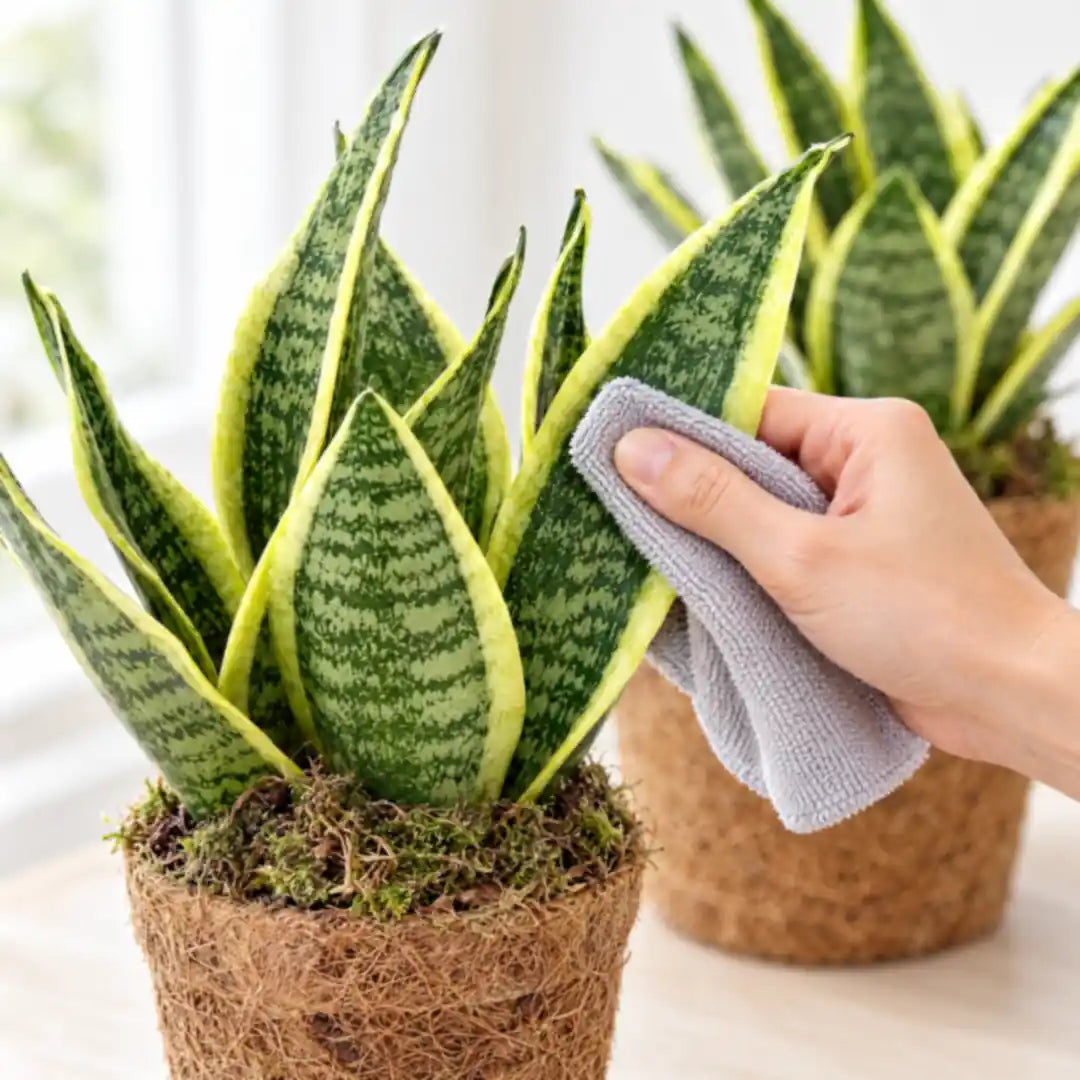 Hand wischt mit einem Mikrofasertuch Staub von einem Blatt des Bogenhanf gelb