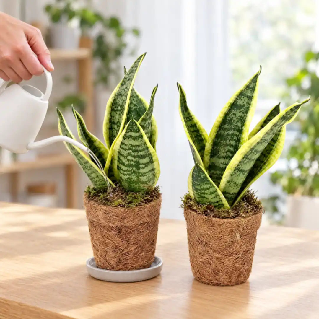 Hand gießt eine Sansevieria im Kokostopf sparsam mit einer weißen Gießkanne