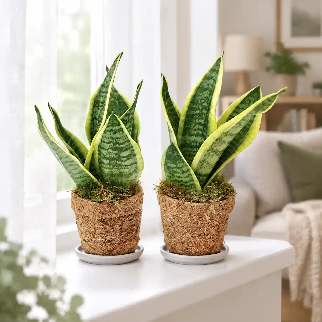 Zwei Sansevieria im Kokostopf auf Untersetzern an einem hellen Fenster mit Leinengardine