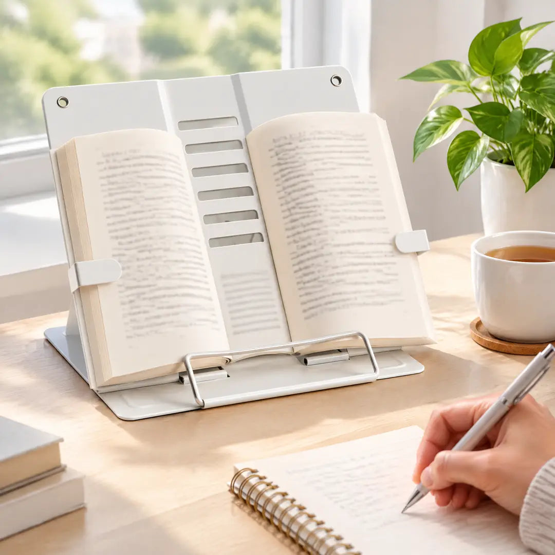 Weißer Buchständer mit aufgeschlagenem Buch auf dem Schreibtisch, daneben Notizbuch und Tee