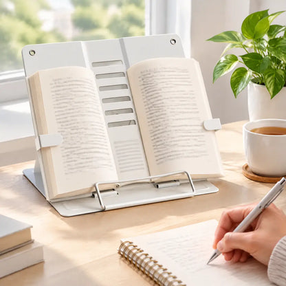 Weißer Buchständer mit aufgeschlagenem Buch auf dem Schreibtisch, daneben Notizbuch und Tee