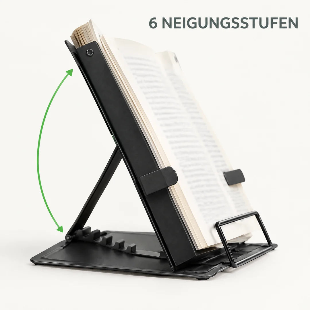 Seitenansicht des Buchständers mit Stütze und sechs Neigungsstufen
