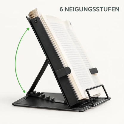 Seitenansicht des Buchständers mit Stütze und sechs Neigungsstufen
