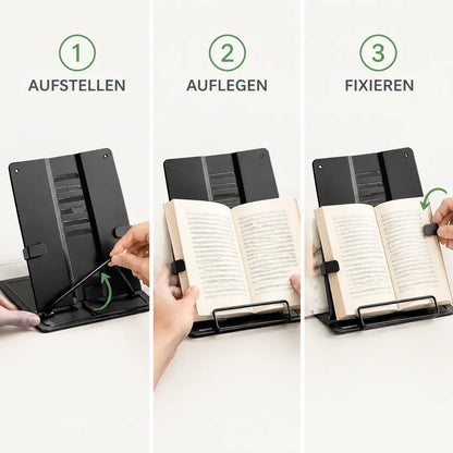 Anwendung in drei Schritten: Ständer aufstellen, Buch auflegen, Seiten fixieren