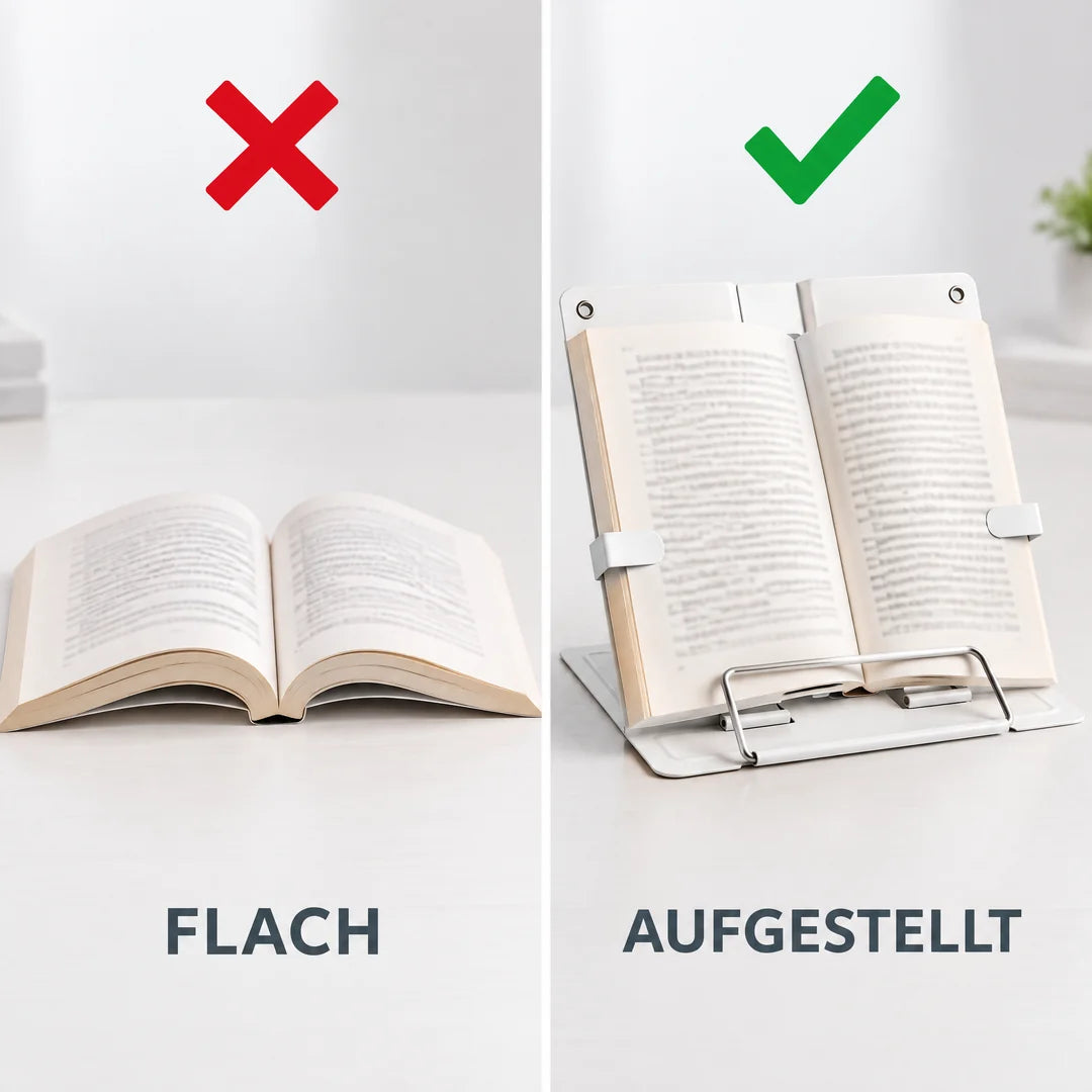Vergleich: Buch flach auf dem Tisch und aufgestellt auf dem Buchständer