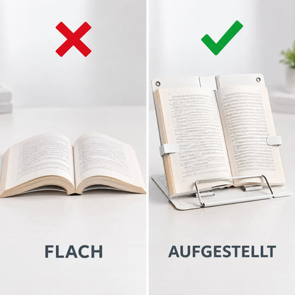 Vergleich: Buch flach auf dem Tisch und aufgestellt auf dem Buchständer