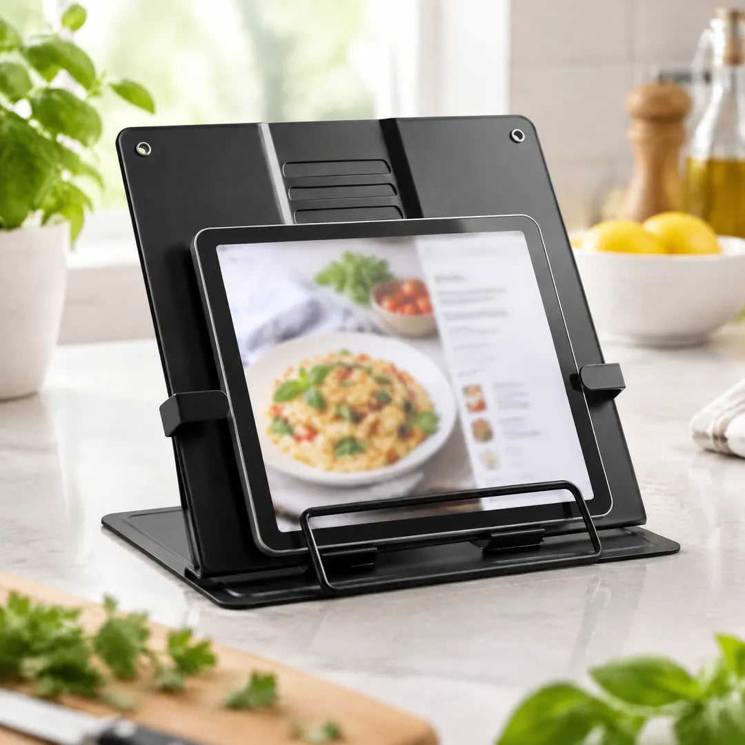 Tablet mit Rezept auf dem schwarzen Buchständer in der Küche