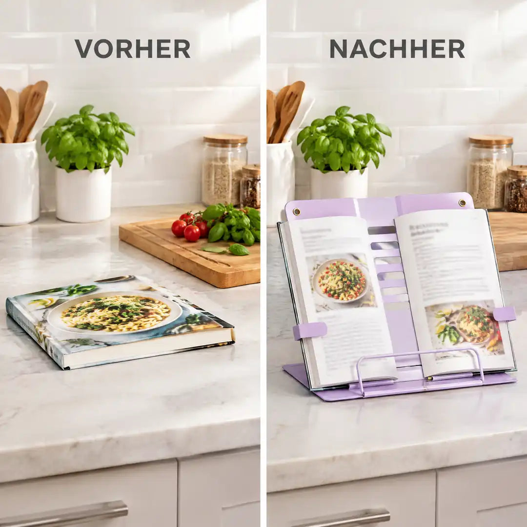 Kochbuch vorher flach auf der Arbeitsplatte, nachher aufgeschlagen auf dem lila Buchständer
