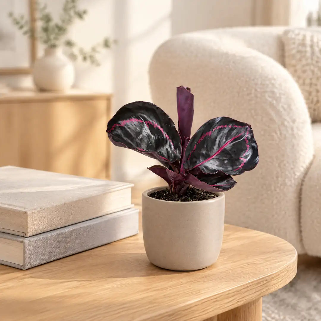 Calathea Dottie mit schwarzvioletten Blättern im beigen Übertopf auf einem Beistelltisch