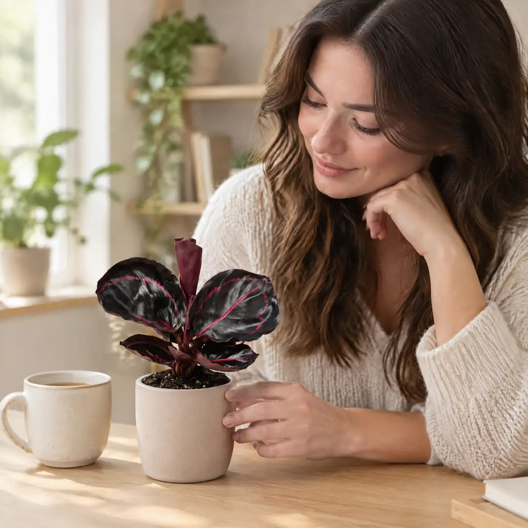 Frau am Schreibtisch betrachtet ihre kleine lila Calathea Dottie