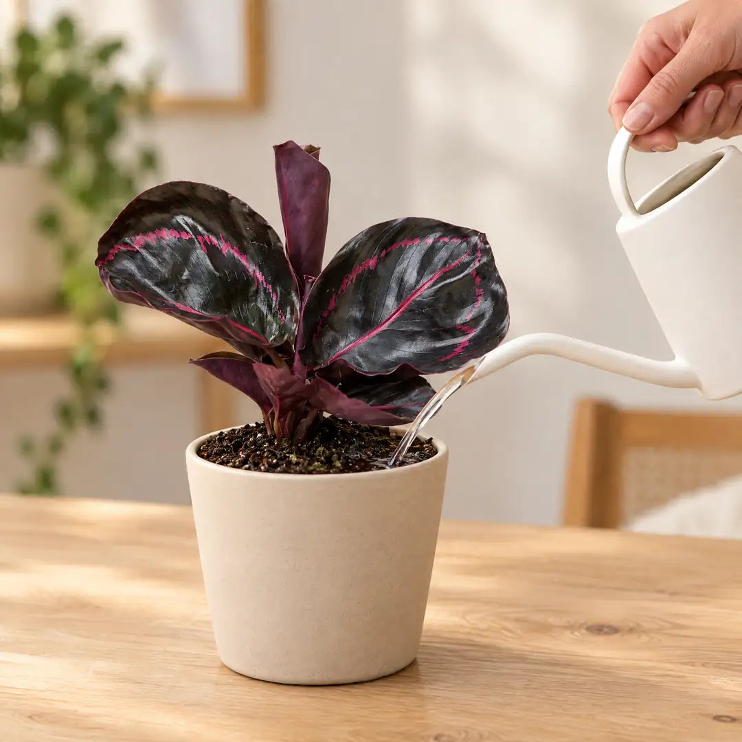 Calathea Dottie wird mit einer kleinen weißen Gießkanne an der Erde gegossen