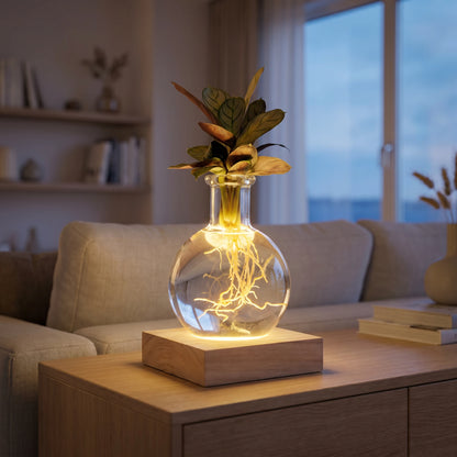 Calathea im Samoa-Glas mit LED-Beleuchtung – warmes LED-Licht beleuchtet Glas und Wurzeln abends im Wohnzimmer