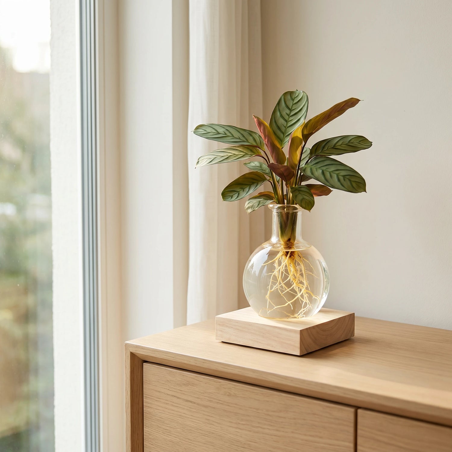 Calathea im Samoa-Glas mit LED am hellen Fenster – idealer Standort für die Korbmarante