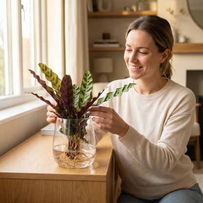 Frau arrangiert eine Calathea Insignis (Klapperschlangenpflanze) im Kingston-Glas im hellen Wohnzimmer