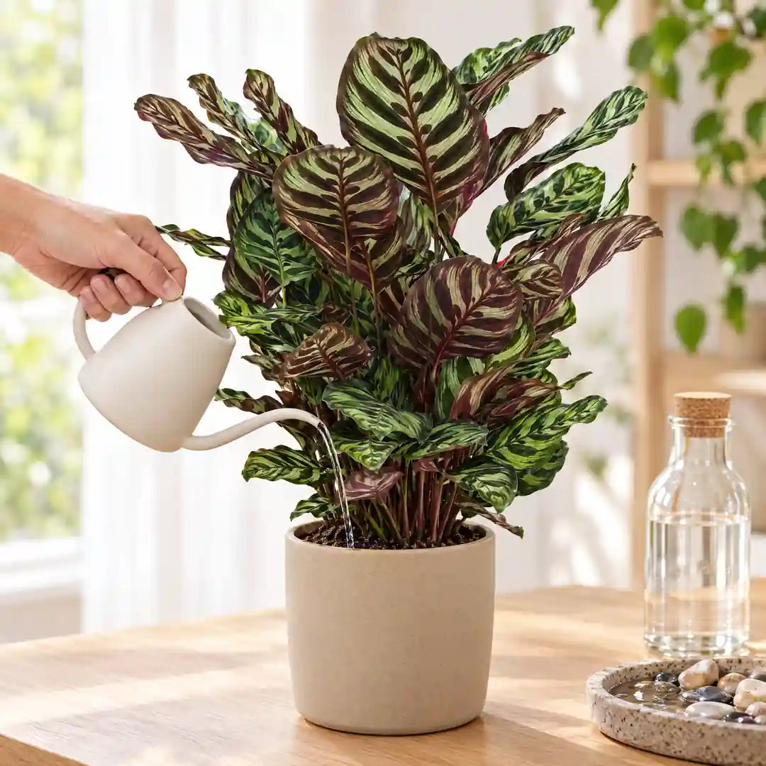 Hand gießt die Calathea Makoyana mit einer weißen Gießkanne
