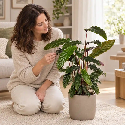 Frau kniet neben ihrer Calathea Rufibarba und betrachtet die Blätter