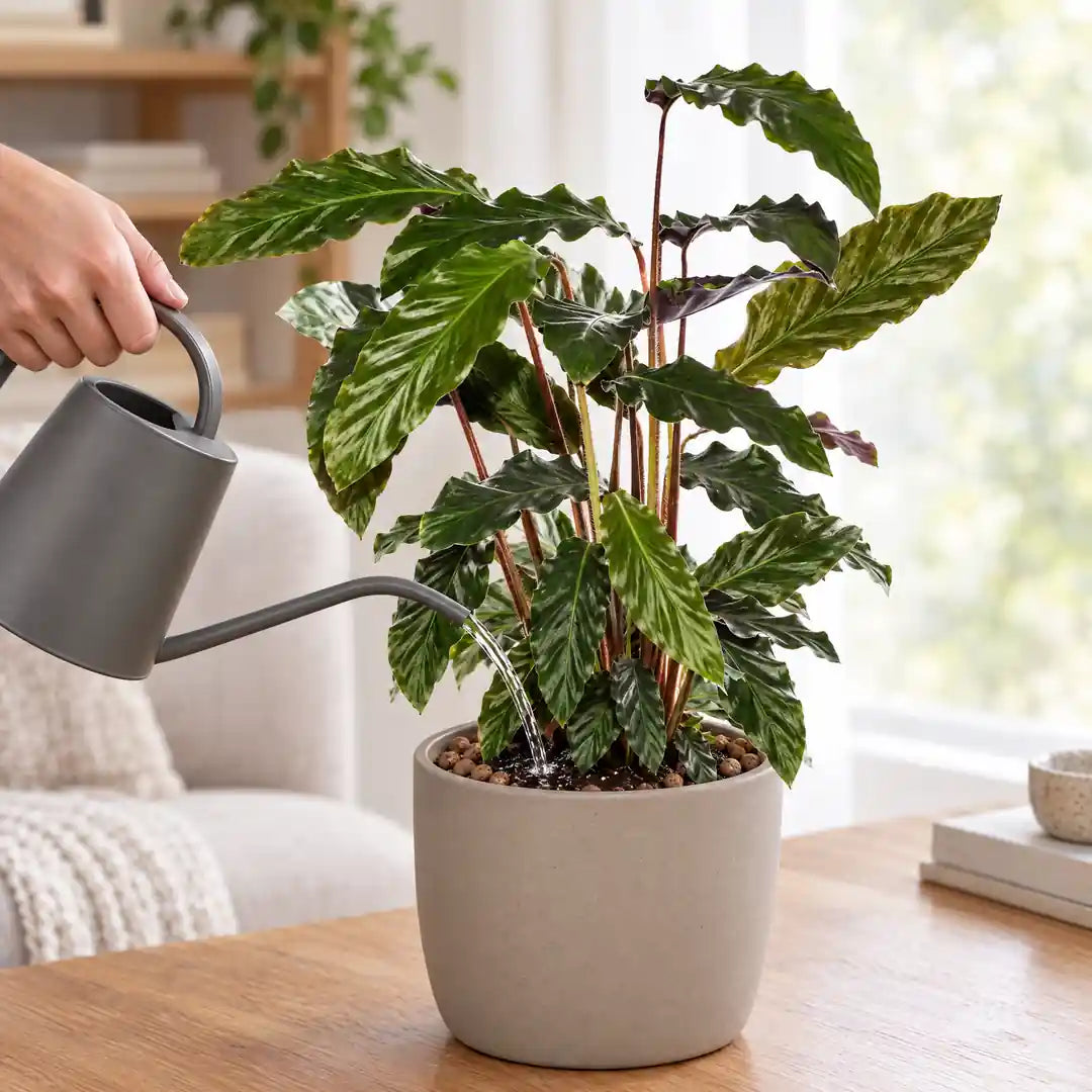 Hand gießt die Calathea Rufibarba mit einer grauen Gießkanne