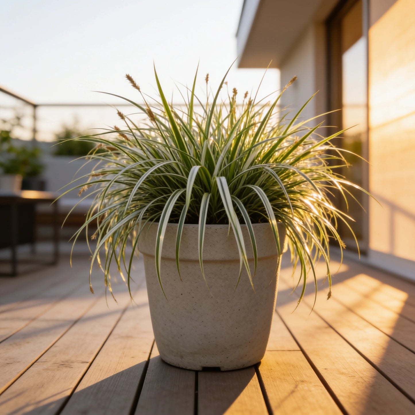 Weißband-Segge (Carex oshimensis 'Everest') im Topf mit weiß-grünem Laub