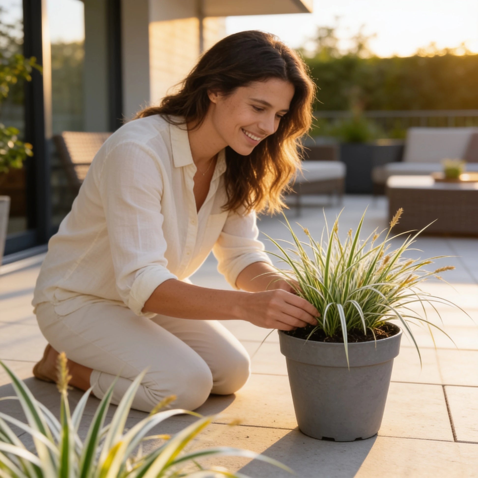 Weißband-Segge im Gartenbeet mit Person zum Größenvergleich