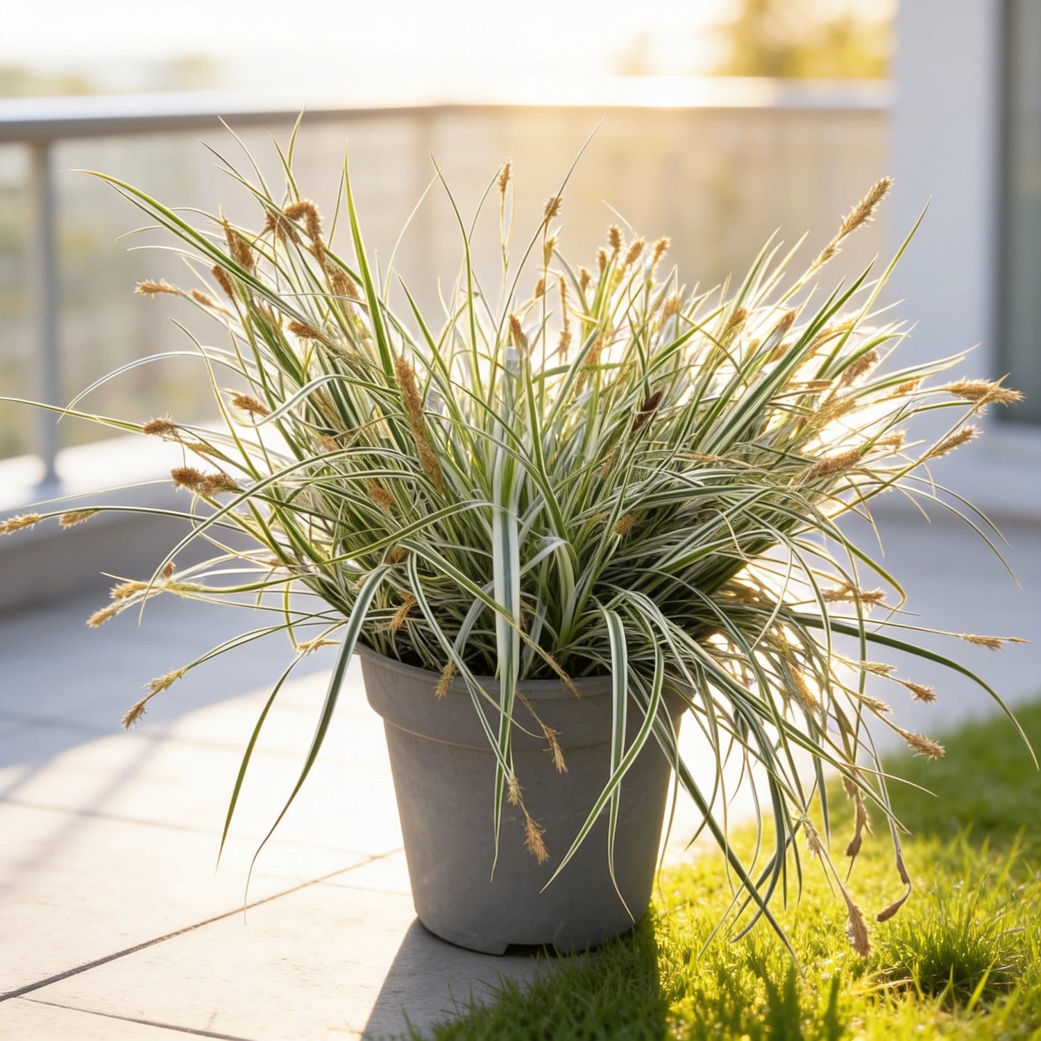 Weißband-Segge im halbschattigen Gartenbeet, weiß-grünes Laub leuchtet vor dunklem Grün