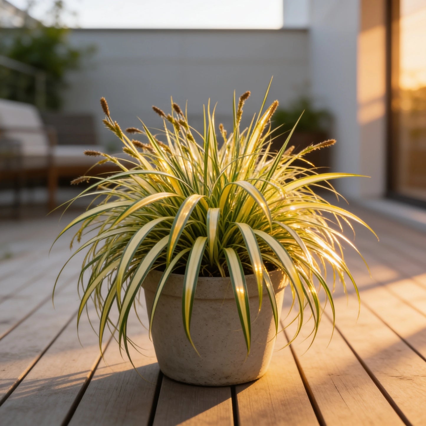 Goldband-Segge auf heller Terrasse im Beige-Übertopf