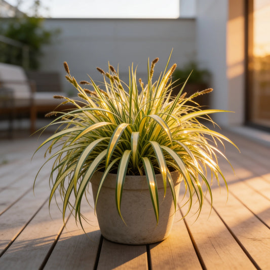 Goldband-Segge auf heller Terrasse im Beige-Übertopf