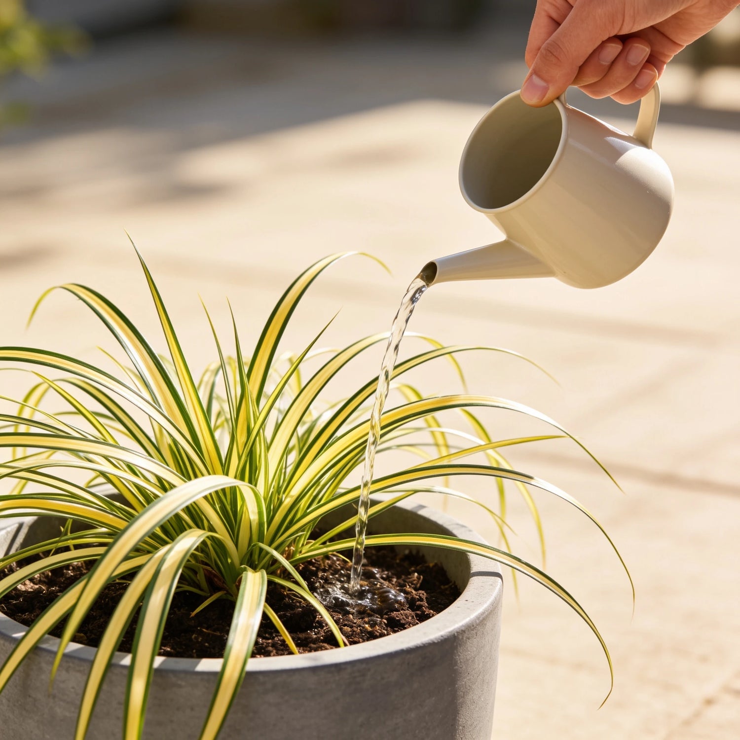 Goldband-Segge wird gegossen, Pflegemoment auf der Terrasse