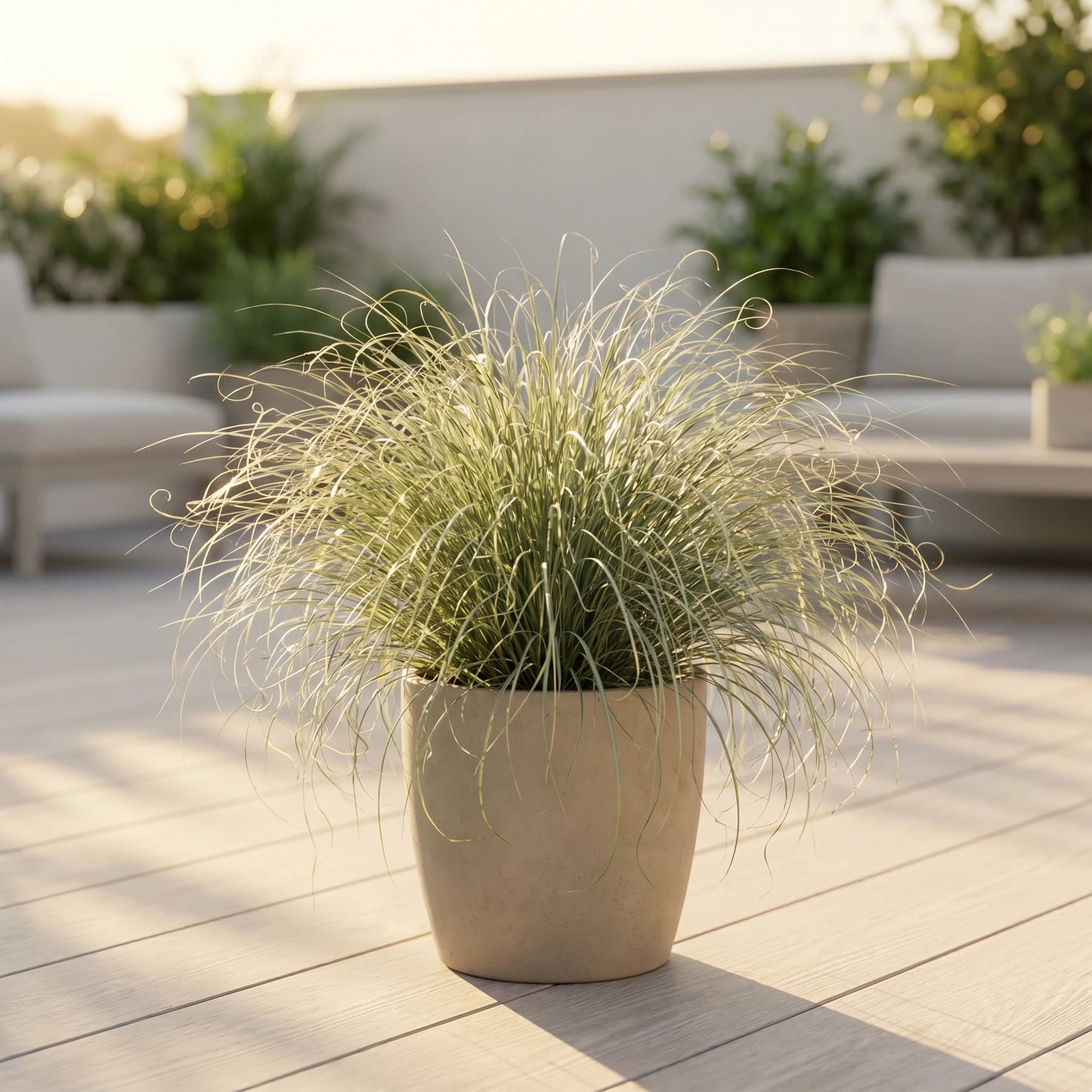Lockensegge Carex comans 'Frosted Curls' im Kübel auf einer sonnigen Terrasse