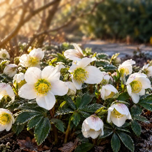 Blühende Christrosen (Helleborus niger) im winterlichen Gartenbeet mit Raureif
