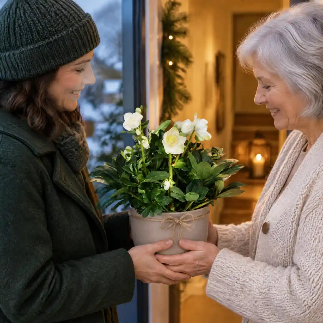 Blühende Christrose im Übertopf wird an der Haustür als Geschenk überreicht