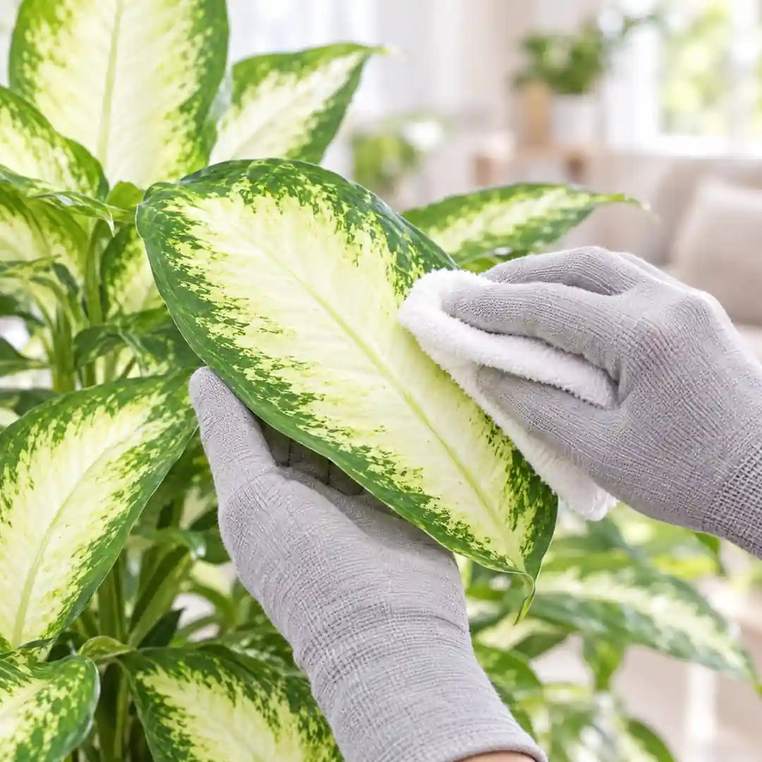 Hand mit Handschuh stützt ein cremeweißes Blatt der Dieffenbachia seguine 'Camilla'