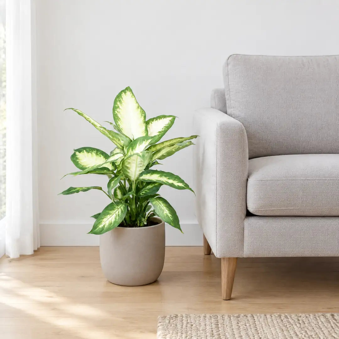 Dieffenbachia Camilla im greigen Übertopf neben einem Sessel als Größenvergleich