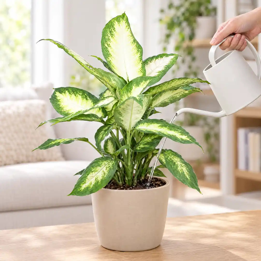 Hand gießt die Dieffenbachia Camilla mit einer weißen Gießkanne