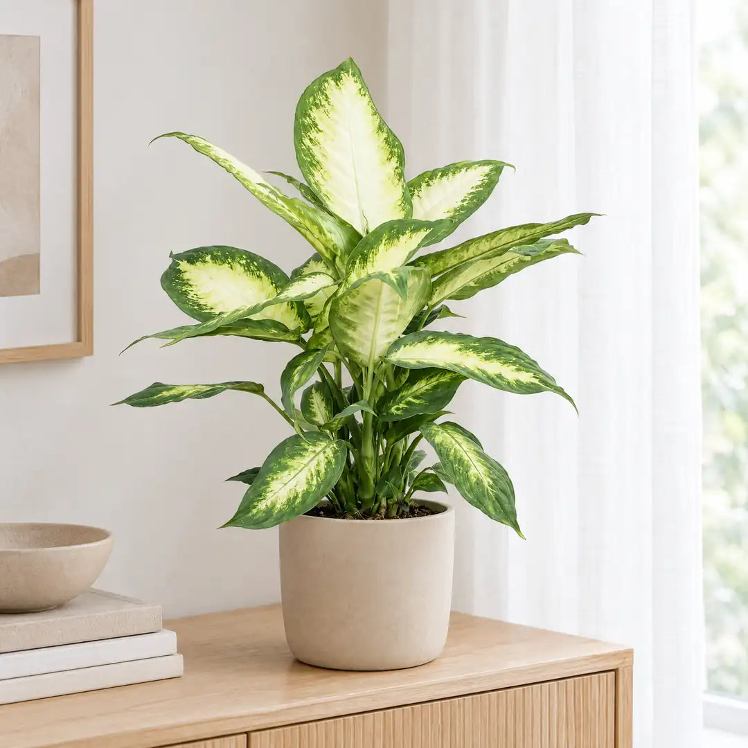 Dieffenbachia Camilla an einem hellen Platz neben einer lichten Gardine