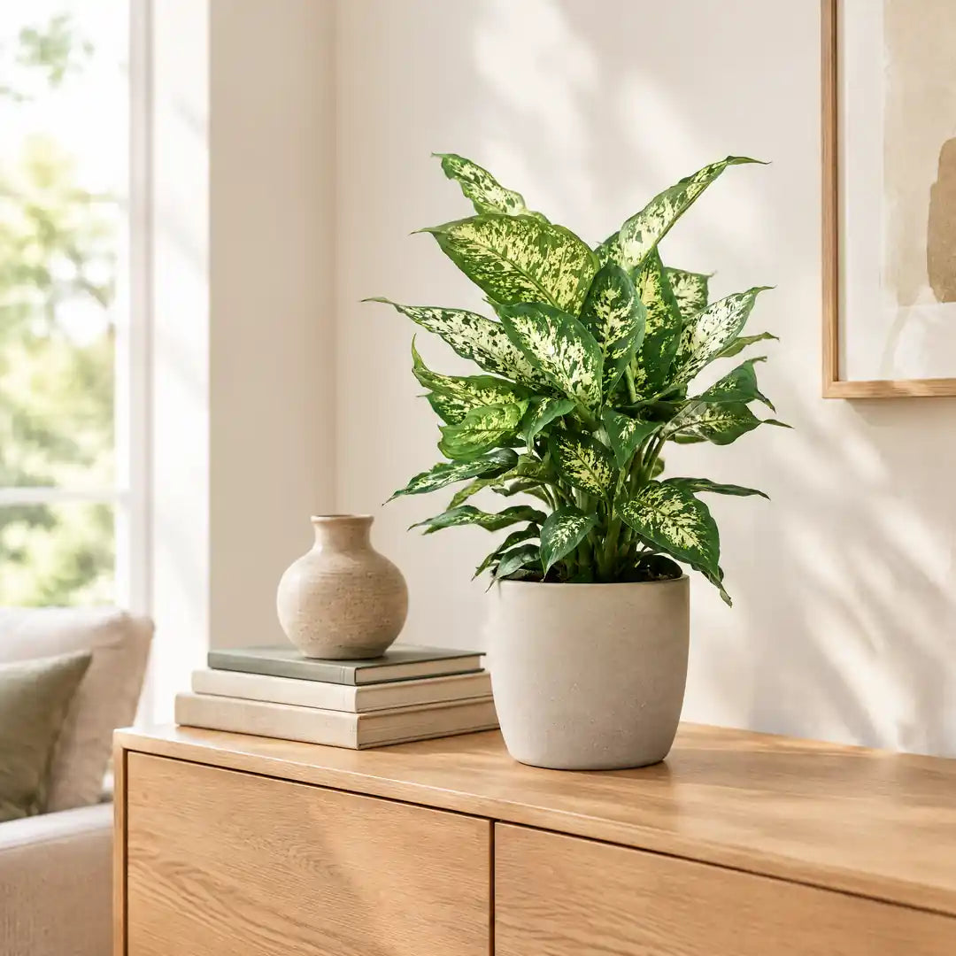 Dieffenbachia Compacta im beigen Übertopf auf einem Sideboard im hellen Wohnzimmer