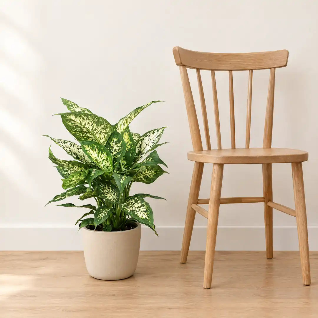 Dieffenbachia Compacta neben einem Holzstuhl als Größenvergleich, rund 50 cm hoch