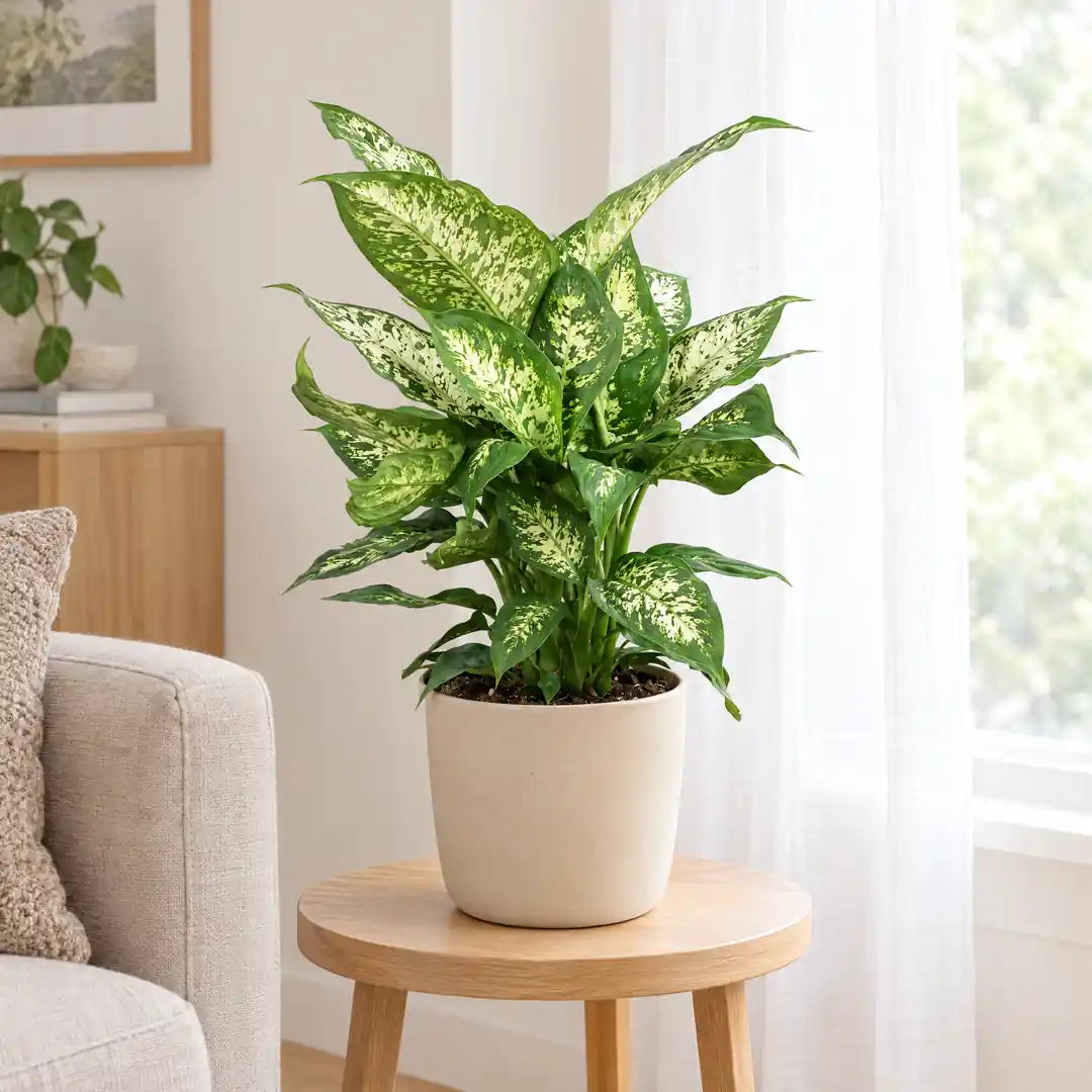 Dieffenbachia Compacta an einem hellen Fenster hinter einem leichten Vorhang