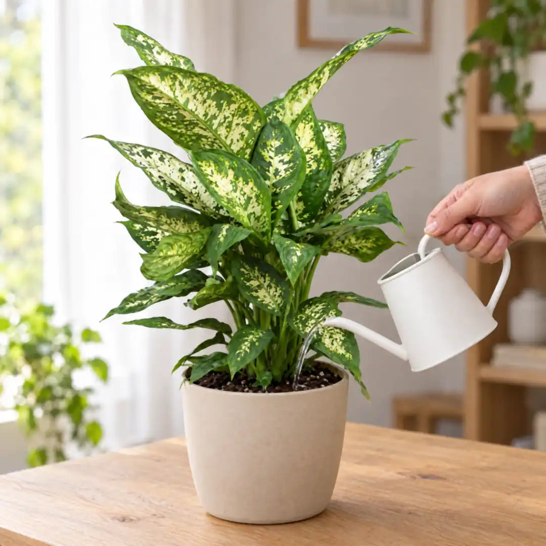 Dieffenbachia Compacta wird mit einer Gießkanne gegossen