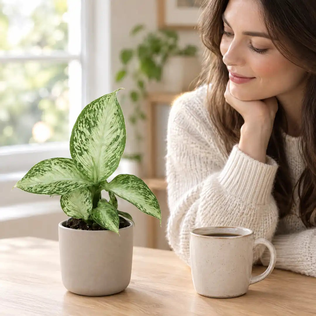 Frau betrachtet eine kleine Dieffenbachia Snow auf dem Tisch