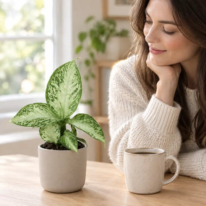 Frau betrachtet eine kleine Dieffenbachia Snow auf dem Tisch