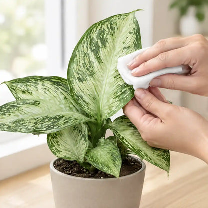 Hände wischen ein Blatt der Dieffenbachia Snow mit einem feuchten Tuch ab