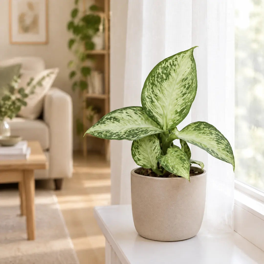 Dieffenbachia Snow am hellen Fenster hinter einem leichten Vorhang