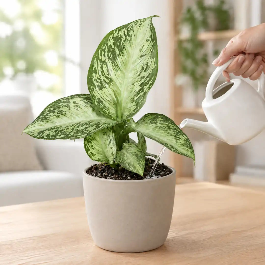 Dieffenbachia Snow wird mit einer kleinen Gießkanne gegossen