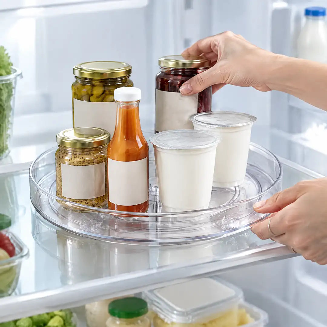 Drehteller im Kühlschrank mit Gläsern und Joghurt, Hand dreht am Rand