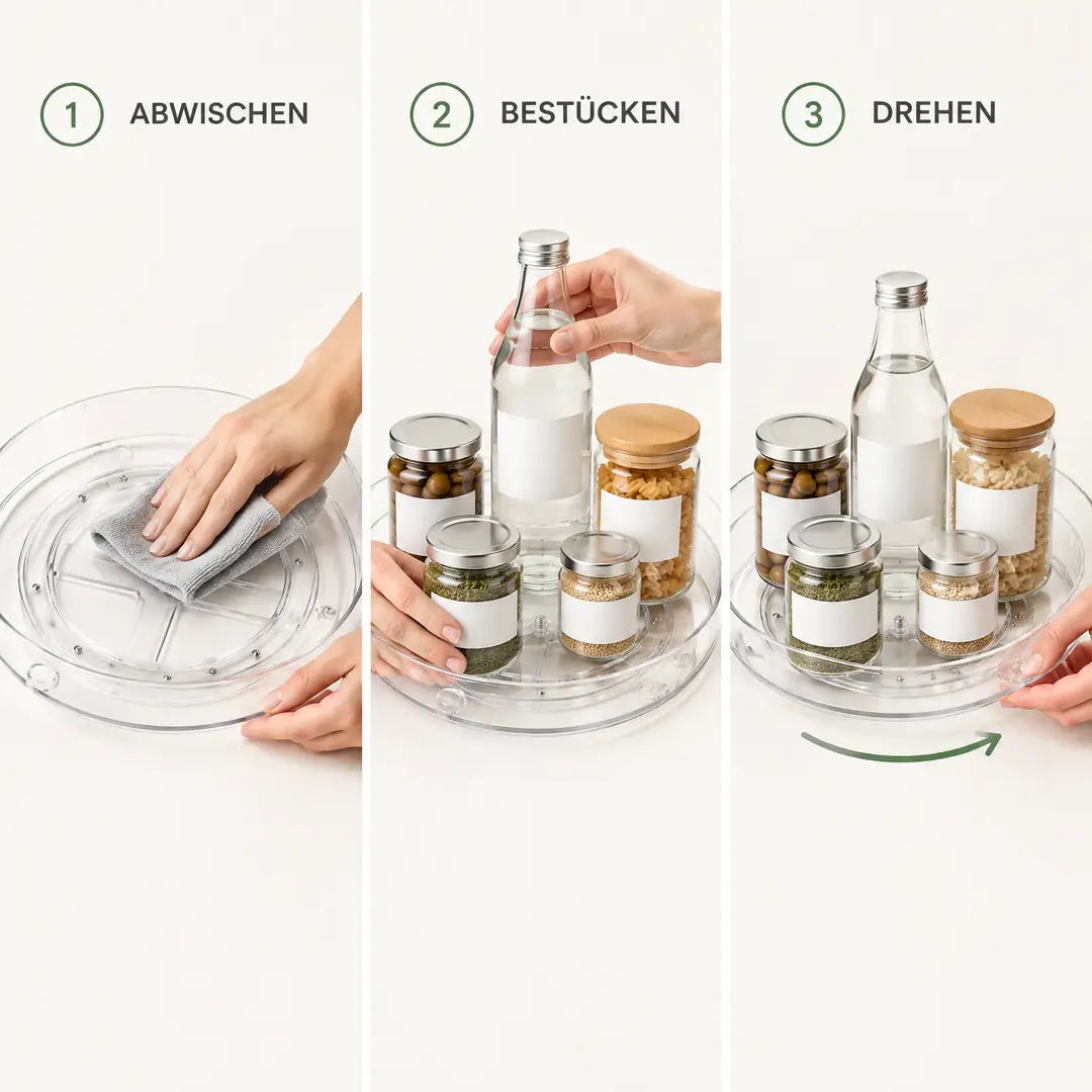 Anwendung in 3 Schritten: Drehteller abwischen, bestücken, drehen