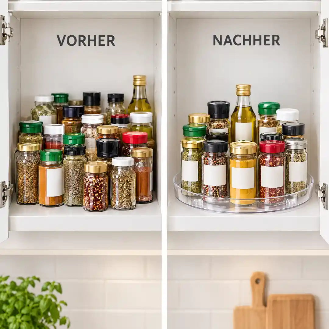 Gewürzschrank vorher und nachher mit Drehteller