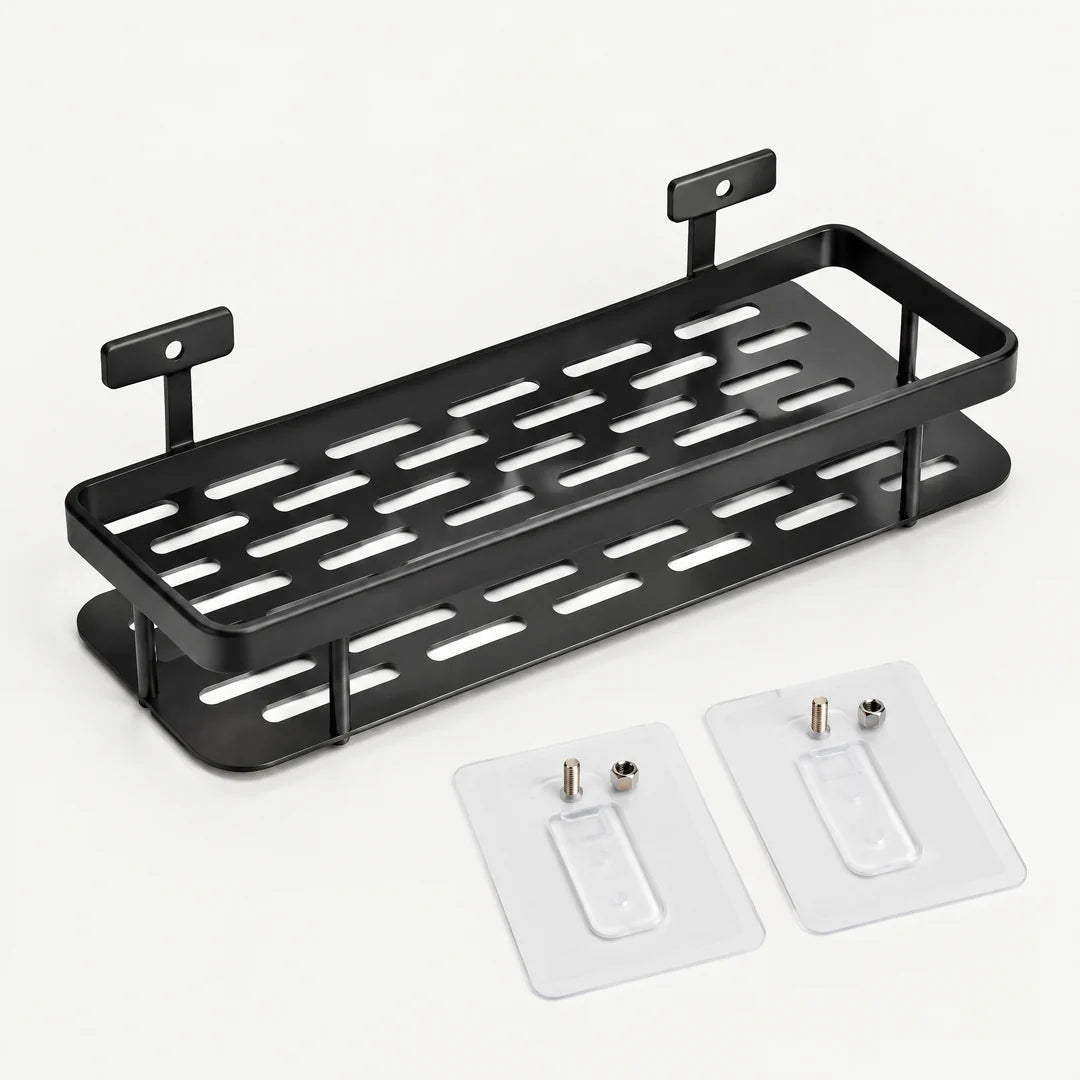 Duschablage ohne Bohren in Schwarz mit zwei Klebeplatten