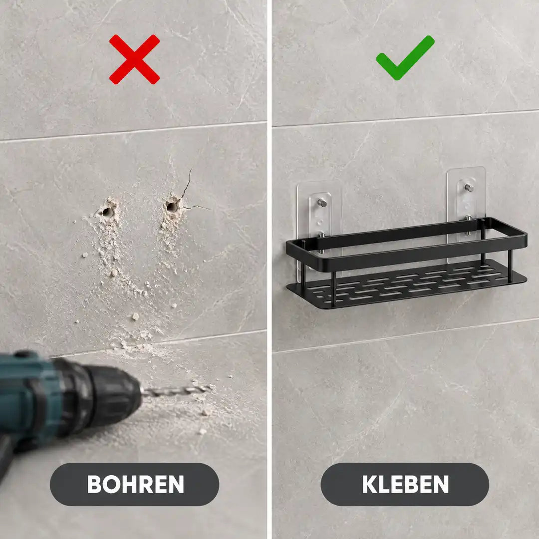 Vergleich: Bohrlöcher in der Fliese oder Duschablage zum Kleben