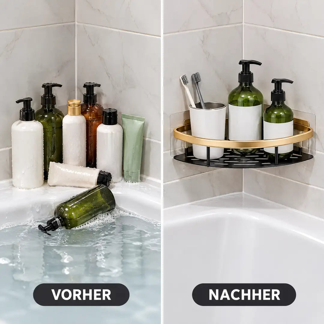 Vorher voller Wannenrand, nachher aufgeräumt mit Eckregal