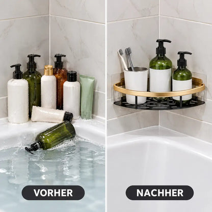 Vorher voller Wannenrand, nachher aufgeräumt mit Eckregal